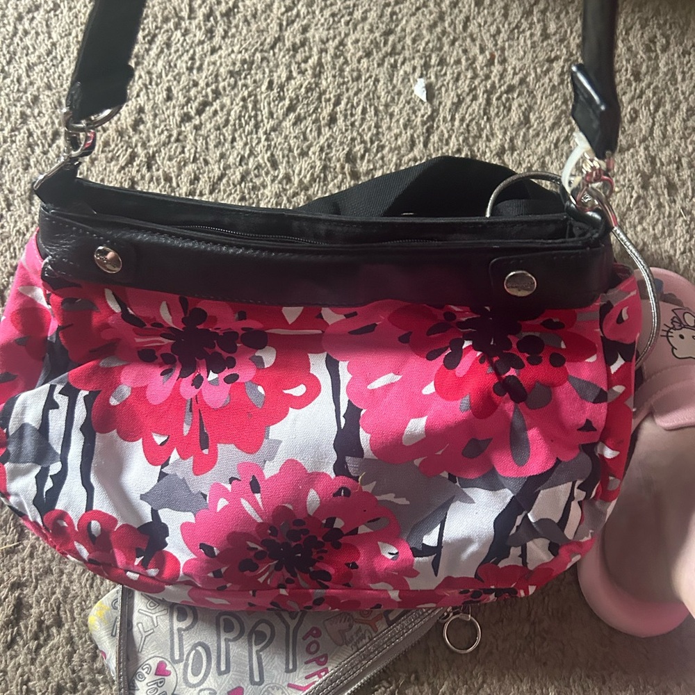 Thirty-One Pink Floral Satchel with Black Accents